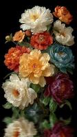 Vibrant bouquet of peonies and other flowers in a glass vase with a reflective surface photo
