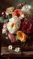 Vibrant bouquet of peonies and other flowers arranged in a glass vase on a rustic wooden table photo
