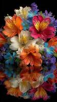 Colorful floral arrangement with reflection on dark background showcasing vibrant blooms in various shades photo