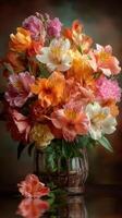 Vibrant flower arrangement in a woven basket showcasing a variety of blooms in soft colors during indoor setting photo