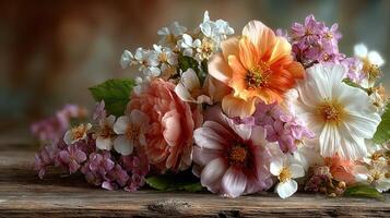 Colorful bouquet of fresh flowers on rustic wooden table in softly lit indoor setting photo