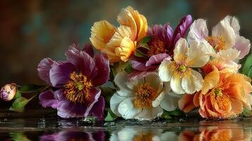 Colorful peonies in water with reflections showcasing vibrant blooms in a serene setting photo