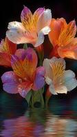 Colorful alstroemeria flowers bloom with water droplets reflecting on a serene surface in a tranquil setting photo