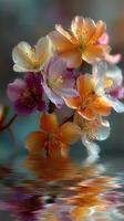 Colorful blossoms reflected in tranquil water during a serene spring morning in a garden photo