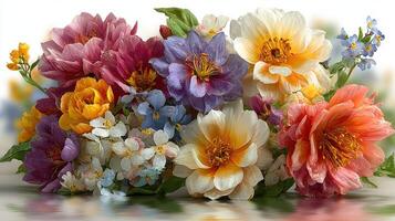 Colorful floral arrangement showcasing diverse blossoms in a beautifully crafted display photo