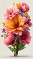 Vibrant bouquet of mixed flowers showcasing peonies and wildflowers arranged beautifully for a cheerful display photo