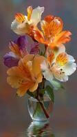 Beautiful bouquet of colorful flowers in a clear vase on a softly blurred background photo