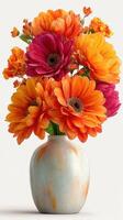 Vibrant bouquet of orange and purple flowers in a simple vase showing the beauty of nature indoors photo