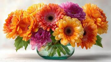 Bright and colorful floral arrangement featuring gerbera daisies in a glass vase on a neutral background photo