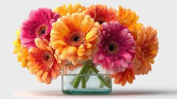 Bright and vibrant bouquet of gerbera daisies arranged in a clear glass vase on a simple background photo