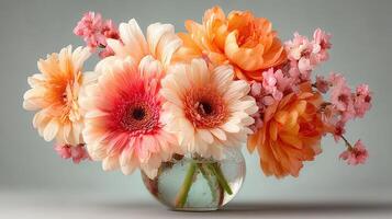Beautiful floral arrangement featuring pink gerberas and peach ranunculus on a neutral background photo