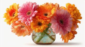 Colorful arrangement of gerbera daisies in a clear vase on a neutral background, showcasing vibrant hues and textures photo
