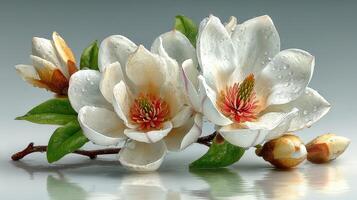 Magnolia flowers with droplets reflecting light in a serene, calm setting showcasing nature's beauty photo