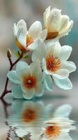 Beautiful blooming flowers reflect in water, capturing nature's elegance on a serene day photo