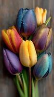 Colorful tulips with droplets captured in a close-up display showcasing vibrant hues and delicate textures photo