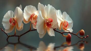 Blooming white orchids reflected in serene water with soft background lighting showcasing delicate floral beauty photo