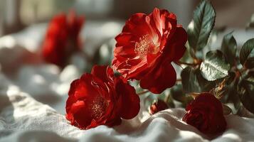 Red roses arranged on soft fabric create a romantic atmosphere in a softly lit room during morning hours photo