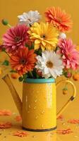 Colorful flowers in a yellow watering can create a vibrant display on a bright background with raindrops photo