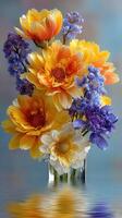 Bright flowers in a glass vase reflecting vibrant colors in a serene setting during springtime photo