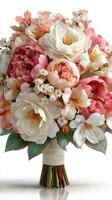 Beautiful floral bouquet featuring peonies, tulips, and orchids designed for a wedding celebration in elegant spring colors photo