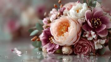 Beautiful bouquet of flowers with peonies and roses arranged elegantly on a reflective surface during morning light photo