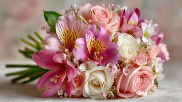 Beautiful floral arrangement featuring roses and alstroemerias in soft pastel colors photo