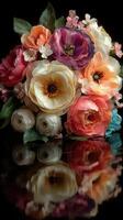 Beautifully arranged floral bouquet with vibrant colors and realistic petals in a sophisticated display on a reflective surface photo