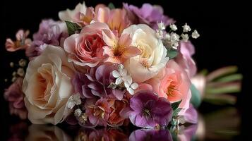 Elegant floral bouquet with pastel roses and delicate violets arranged for a special occasion photo