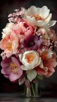 Vibrant floral arrangement showcasing peonies and blossoms in a glass vase on a dark background photo
