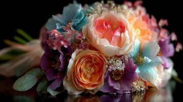 Beautifully arranged floral bouquet featuring vibrant roses and assorted flowers in soft pastels photo