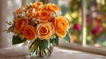 Beautiful orange roses displayed in a vase near a sunny window with vibrant greenery in the background photo