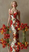 Elegant woman in a floral dress holding tulips in a studio with a reflective surface photo