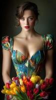 Elegant woman holding a vibrant bouquet of tulips while dressed in a floral corset in a soft-lit setting photo