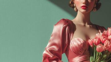 Elegant woman in coral dress holding tulips against a teal backdrop during a spring photoshoot photo
