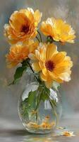 Bright yellow flowers in a glass vase against a soft textured background photo