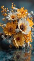 Beautiful arrangement of yellow and white flowers on a reflective surface in a serene setting photo
