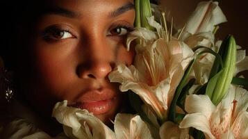 Portrait of a woman with flowers, highlighting beauty and elegance in a warm setting photo