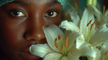 Close-up of a woman with deep brown eyes surrounded by white lilies in a serene indoor setting during the afternoon photo