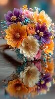 Brightly colored flower bouquet resting on reflective surface in soft lighting photo