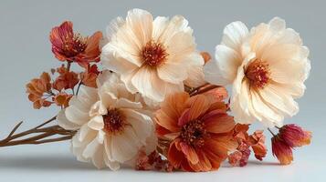 Beautiful arrangement of dried flowers in warm tones on a neutral background showcasing intricate details and textures photo