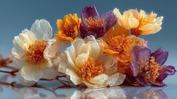 Colorful dried flowers arranged beautifully against a soft blue background photo