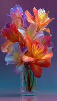 Vibrant arrangement of colorful flowers in a glass vase against a soft gradient background photo