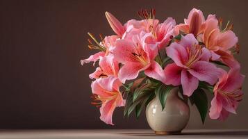 Colorful bouquet of pink lilies arranged in a simple vase against a soft background photo