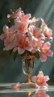 Beautiful pink lilies in an elegant vase create a serene ambiance in a soft light setting photo