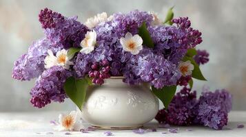 Lilac and floral arrangement showcasing lavender hues in a delicate ceramic vase on a soft background photo