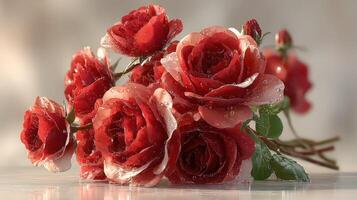 Fresh red roses with droplets arranged artfully in a serene setting during morning light photo