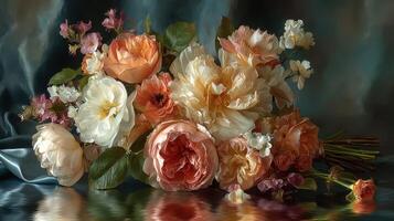 Beautiful bouquet of soft pastel flowers arranged on a silk fabric surface photo