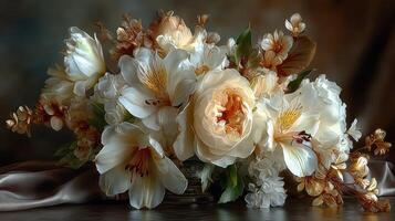 Beautiful floral arrangement showcasing white and cream flowers in an elegant vase on a dark background photo