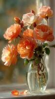 Bright orange and cream roses in a clear vase captured in a soft light by a window during the afternoon photo