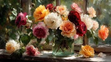 Beautiful assortment of roses in a glass vase on a window sill in a sunlit room during spring photo